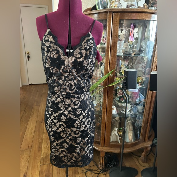 Windsor Lacy Nude Colored Dress With Black Lace Overlay. - Picture 2 of 5